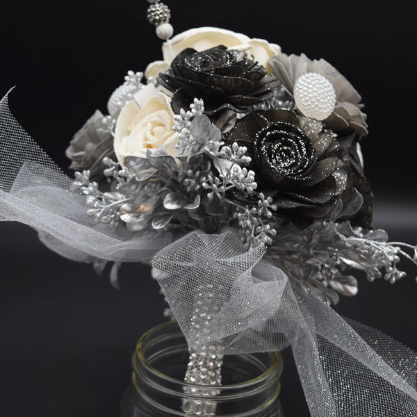 Black and White Wedding Bouquet, Sola Wood Flower Bouquet, Bling Wedding Bouquet, Sola Forever Flower Bouquet, Silver and Black