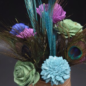 Peacock Feather Arrangement, Peacock feathers and Sola Wood Flowers, Feather & Flower Arrangement, Mason Jar Decor image 2