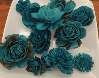 Fleurs en bois de sola, Assortiment de fleurs bleu sarcelle, Fleur en bois, Décoration bleu sarcelle, travaux manuels créatifs, Fleurs en bois, Fleurs pour décoration de gâteau, Fleurs bleu/vert
