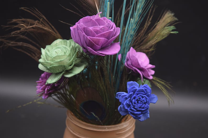 Peacock Feather Arrangement, Peacock feathers and Sola Wood Flowers, Feather & Flower Arrangement, Mason Jar Decor image 9