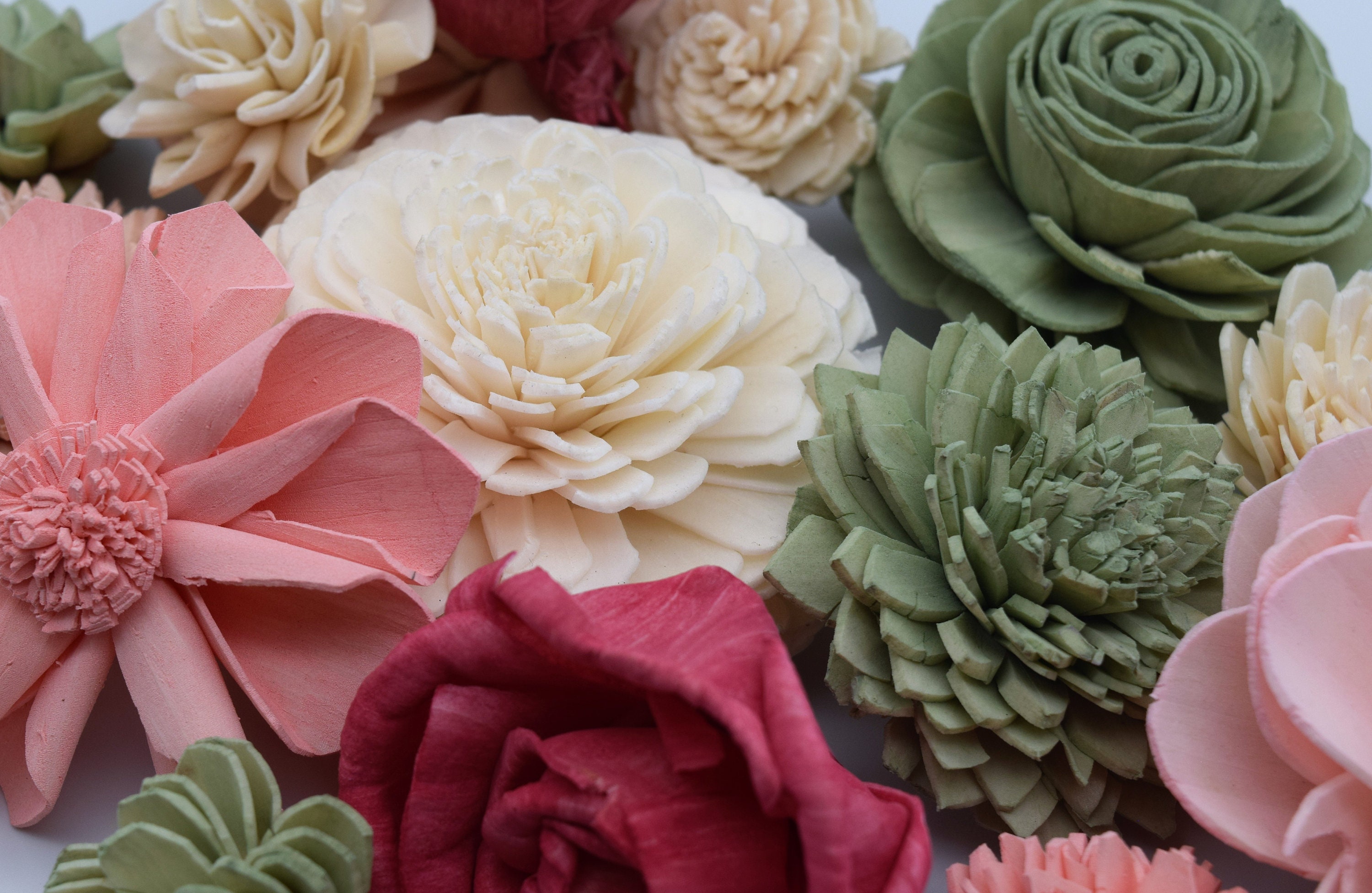 w.o.d.　F.L.O.W.E.R.S. Sola Wood Flowers, Pink/green/wine/ivory Wood Flowers, DIY Crafts