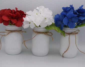 Mason Jar Red White & Blue Home Decor, Mason Jar Home Decor, USA Decor, Patriotic Jar with Flowers, U.S.A. Home Decor, Rustic Jar Decor