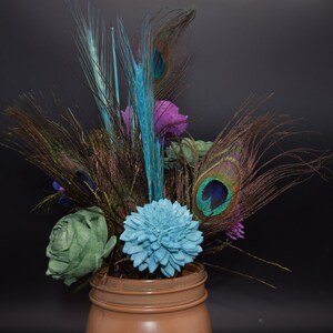 Peacock Feather Arrangement, Peacock feathers and Sola Wood Flowers, Feather & Flower Arrangement, Mason Jar Decor image 4