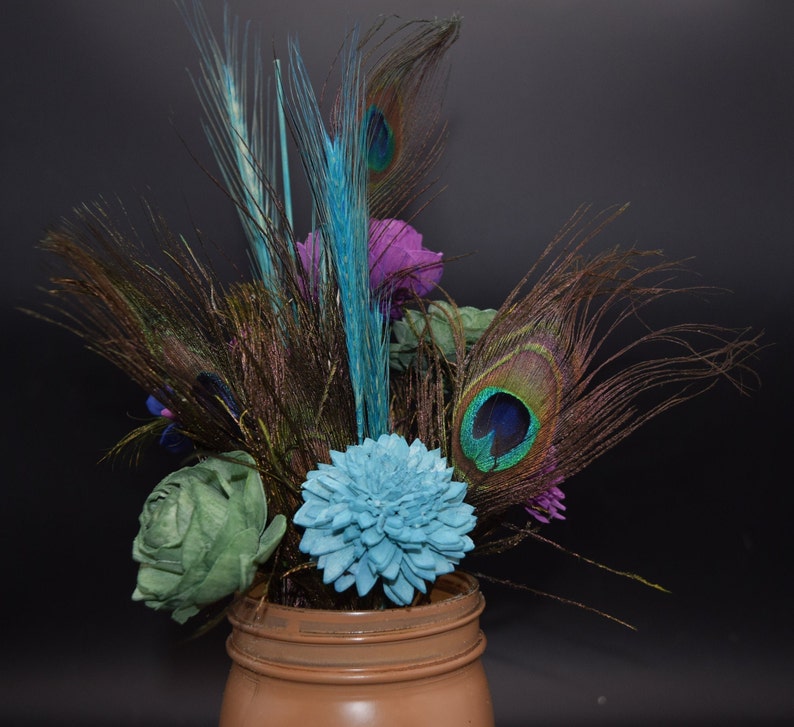 Peacock Feather Arrangement, Peacock feathers and Sola Wood Flowers, Feather & Flower Arrangement, Mason Jar Decor image 4