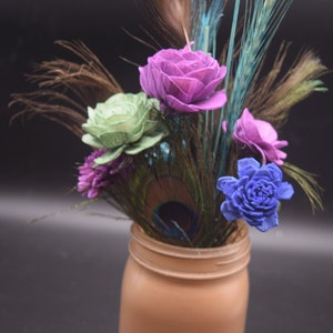 Peacock Feather Arrangement, Peacock feathers and Sola Wood Flowers, Feather & Flower Arrangement, Mason Jar Decor image 7