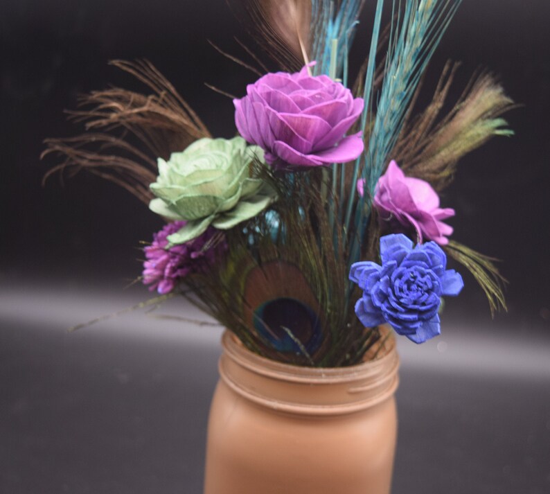 Peacock Feather Arrangement, Peacock feathers and Sola Wood Flowers, Feather & Flower Arrangement, Mason Jar Decor image 7