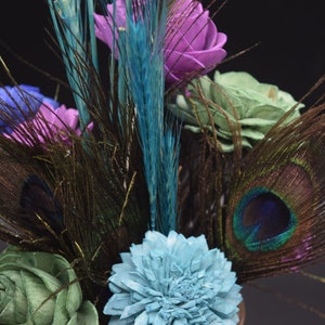 Peacock Feather Arrangement, Peacock feathers and Sola Wood Flowers, Feather & Flower Arrangement, Mason Jar Decor image 6