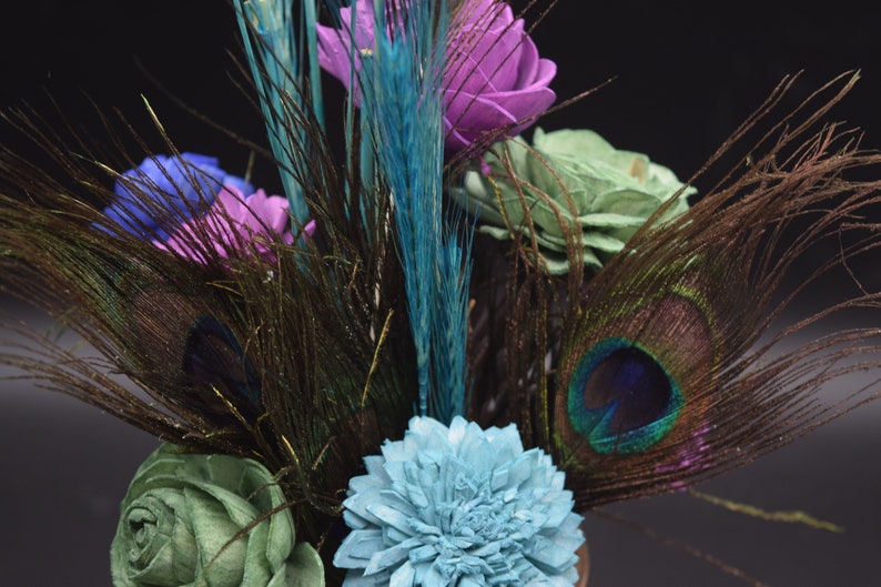 Peacock Feather Arrangement, Peacock feathers and Sola Wood Flowers, Feather & Flower Arrangement, Mason Jar Decor image 6