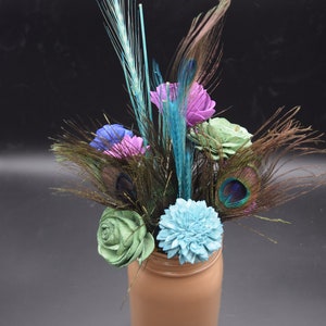 Peacock Feather Arrangement, Peacock feathers and Sola Wood Flowers, Feather & Flower Arrangement, Mason Jar Decor image 1