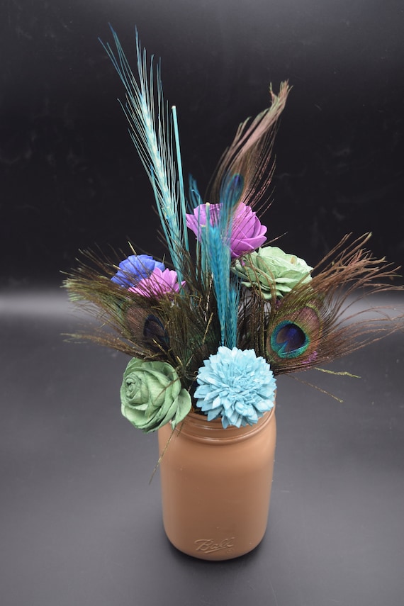 Vintage Mid Century Home Decor Faux Flowers with Peacock Feathers Basket  Arrangement