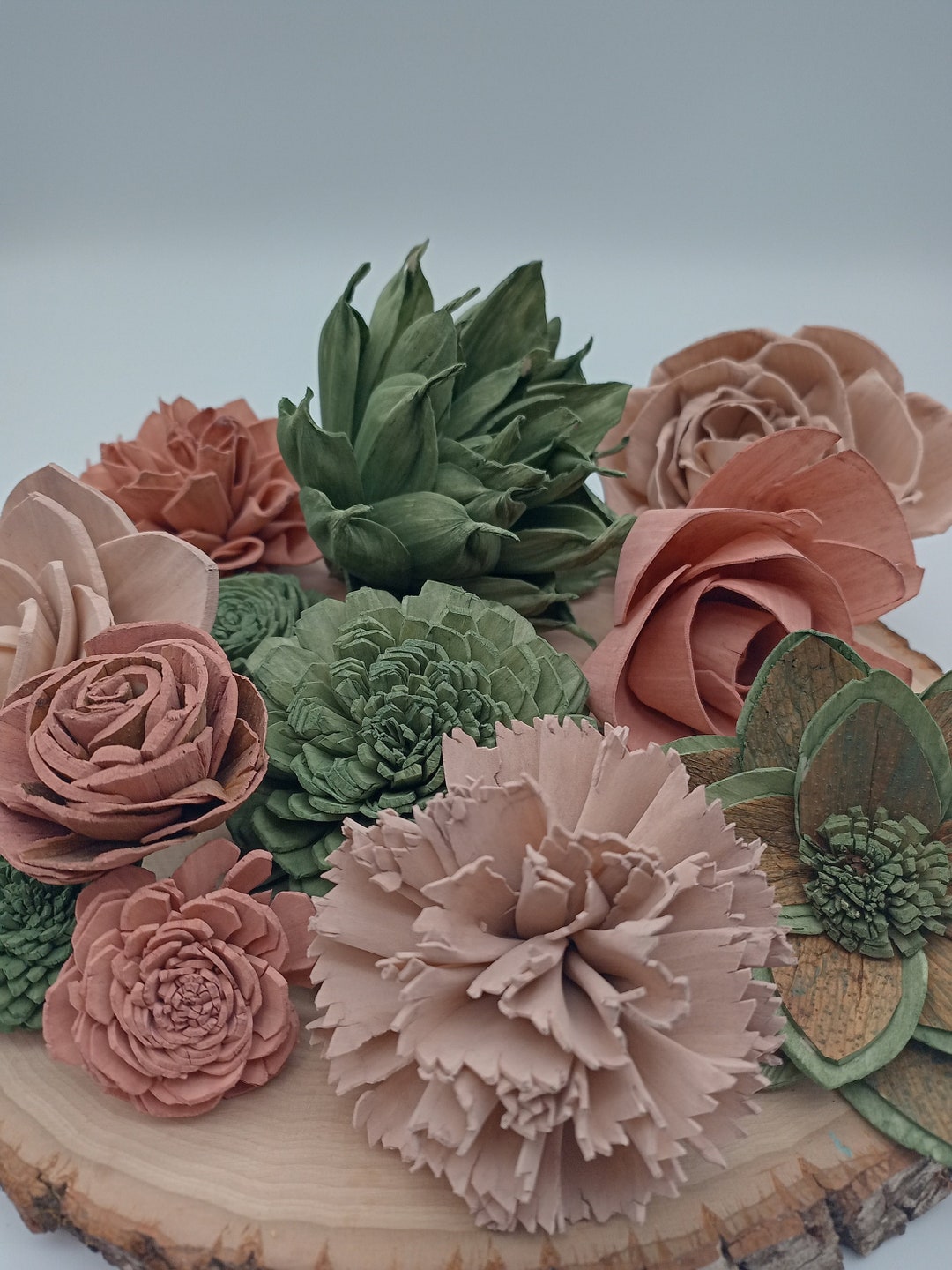 Bulk Wooden Flowers, Dark Green Wooden Flowers, Mauve Wood Flowers