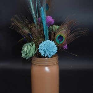 Peacock Feather Arrangement, Peacock feathers and Sola Wood Flowers, Feather & Flower Arrangement, Mason Jar Decor image 3