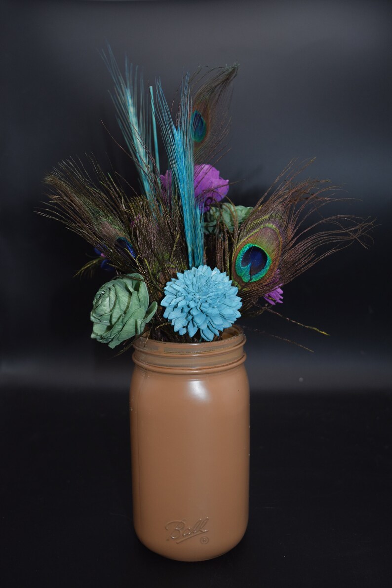 Peacock Feather Arrangement, Peacock feathers and Sola Wood Flowers, Feather & Flower Arrangement, Mason Jar Decor image 3