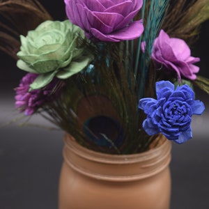 Peacock Feather Arrangement, Peacock feathers and Sola Wood Flowers, Feather & Flower Arrangement, Mason Jar Decor image 8