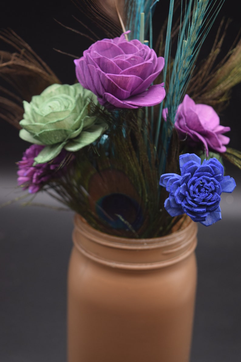 Peacock Feather Arrangement, Peacock feathers and Sola Wood Flowers, Feather & Flower Arrangement, Mason Jar Decor image 8