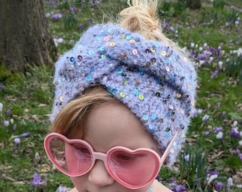 Sparkly Sequin Turban Headband, Pastel Alpaca Silk Knit Ear Warmer