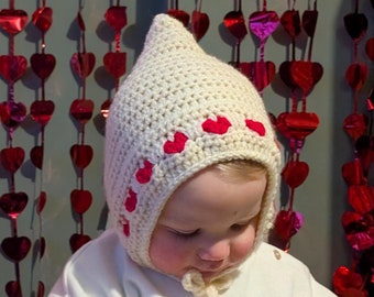Crochet Hearts Pixie Bonnet: Handmade Wool Blend Baby Valentine's Hat