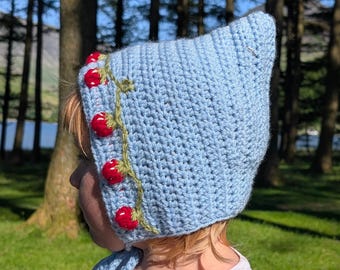Crochet Strawberry Pixie Bonnet: Newborn Baby Toddler Pixie Hat in Custom Colours