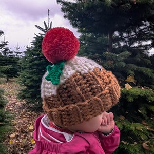 May include: A handmade crochet hat in the shape of a Christmas pudding. The hat features a red pom-pom, a green holly leaf, and brown, white, and tan sections. The hat is worn outdoors in front of a Christmas tree farm.