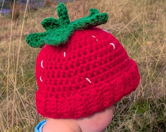 Strawberry Beanie: Chunky Crochet Hat with Rolled Brim, Baby to Adult