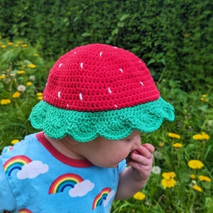 May include: A handmade crochet strawberry hat in red and green, with white seed detailing. The hat features a scalloped green brim. The person in the image is wearing a blue shirt with rainbow patterns.