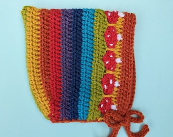 Mushroom Toadstool Pixie Baby Toddler Hat with Rainbow Stripes - From Newborn to Adult