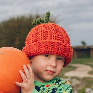 Pode incluir: Uma crian&ccedil;a usando um chap&eacute;u de ab&oacute;bora laranja de croch&ecirc; com um caule verde. A crian&ccedil;a est&aacute; segurando uma ab&oacute;bora laranja grande.