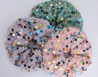 Sparkly Knitted Sequin Scrunchie, Handmade Festival Hair Accessory, Glitter Tie