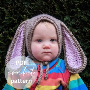Häkelanleitung Floppy Ears Bunny Bonnet. Vintage Baby Häschenmütze zu Ostern. PDF Nähanleitung günstig. Größen Neugeborene, Baby, Kleinkind, Kind.