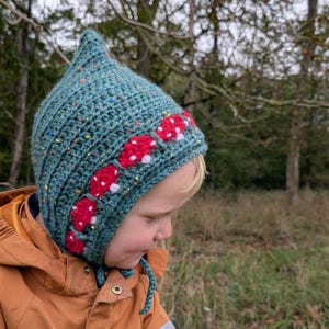 May include: A teal green crocheted bonnet featuring a pointed top and a band of red mushroom motifs with white spots. The yarn has a speckled texture with small flecks of various colours throughout the fabric. The bonnet includes chin ties.