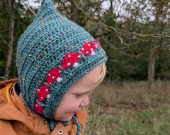 Crochet Mushroom Pixie Bonnet, Toadstool Baby Toddler Costume