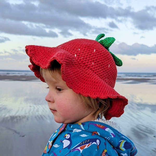 Chapeau de soleil fraise au crochet, chapeau de bob, nouveau-né bébé enfant adulte facile au crochet modèle de chapeau de soleil fraise