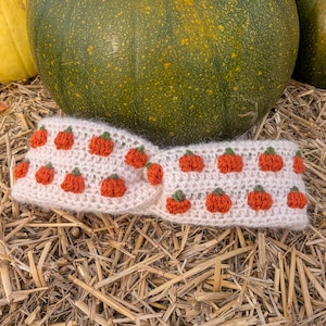 May include: A cream-coloured, crocheted headband decorated with orange pumpkin appliqués and green stems. The headband is displayed on straw, with a large green pumpkin in the background. A seasonal accessory.