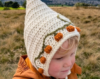 Crochet Pumpkin Patch Pixie Bonnet for Newborn, Baby, Toddler and Child, Custom Colours