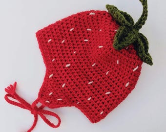Strawberry Earflap Trapper Crochet Bonnet, Handmade Bay Toddler Hat