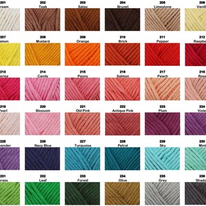 May include: A color chart of 36 yarn skeins, each with a different color and number. The colors include cream, teal, brown, orange, red, pink, purple, blue, green, and gray.