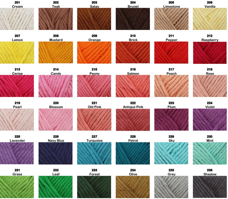 May include: A color chart of 36 yarn skeins, each with a different color and number. The colors include cream, teal, brown, orange, red, pink, purple, blue, green, and gray.