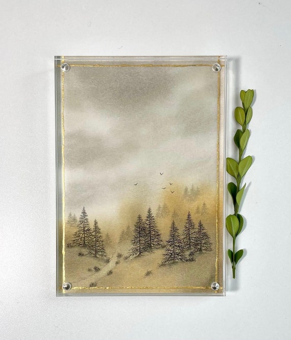 Northwoods Landscape Art Mini Collection. Watercolor painting. Gold leaf. Northwoods. Table top art. Moody landscape.