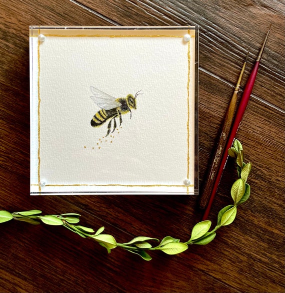 Watercolor Art Mini: “ Golden Pollen” Bee Collection with 24 k gold leaf.