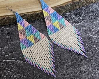 Beaded earrings Multicolor earrings Fringe earrings Long earrings Big earrings Boho earrings Native earrings Handmade earrings Drop earrings