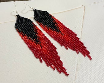 Black red beaded earrings Fringe gradient earrings Long earrings Seed bead earrings Luxury earrings Dangle earrings Boho jewelry Ombre