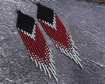 Bead earrings Black red earrings Fringed earrings Red silver earrings Long earrings Drop earrings Red earrings Boho earrings Modern earrings