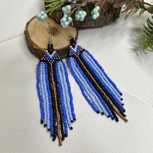 Unique blue beaded earrings Native modern earrings Long earrings Gift for her Boho earrings Blue drop earrings Dangle earrings Blue earrings
