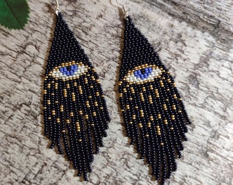 Evil eye earrings Beaded earrings Long earrings Boho earrings Blue evil eye Fringe earrings Drop earrings Handmade earrings Gifts for her