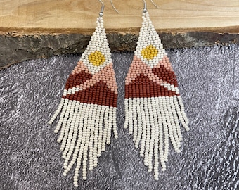 Mountains seed bead earrings Sunset beaded earrings Nature earrings  fringe earrings  Landscape earrings Long earrings Boho earrings