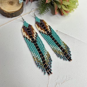 bead earrings,turquoise gold earrings,seed bead earrings,long earrings,fringe earrings,native earrings,boho earrings,handmade earrings
