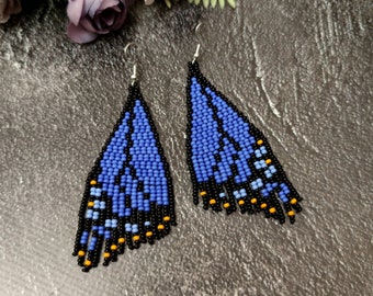 Monarch Butterfly Blue Butterfly Earrings Beaded Fringe Earrings Butterfly Earrings Drop Earrings Boho Earrings Cute Earrings
