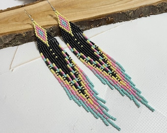 Beaded earrings Black earrings Native earrings Multicolor earrings Long earrings Fringe earrings Boho earrings Drop earrings Gift for her