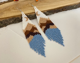 Mountains seed bead earrings Moon beaded earrings  Landscape earrings Nature earrings Fringe beaded earring Long earrings Boho earrings