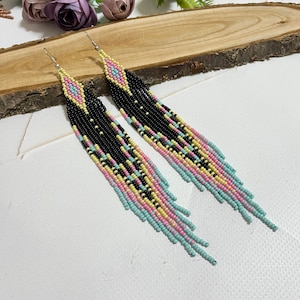 Beaded earrings Black earrings Native earrings Multicolor earrings Long earrings Fringe earrings Boho earrings Drop earrings Gift for her
